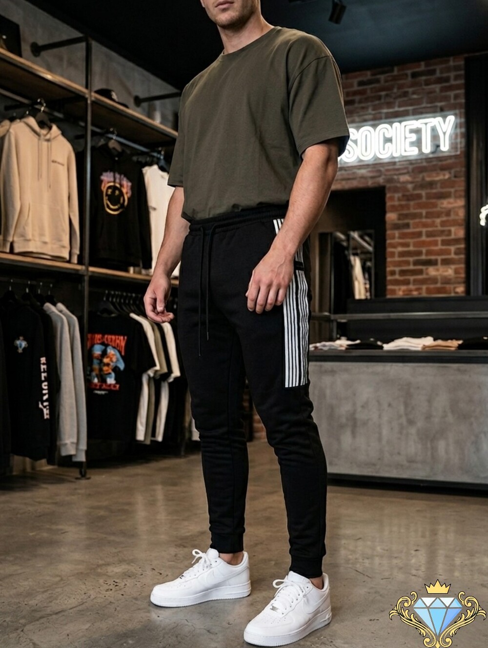 SUMWON x SHEIN Men’s Black Skinny Fit Track Joggers Cream Striped Size Large